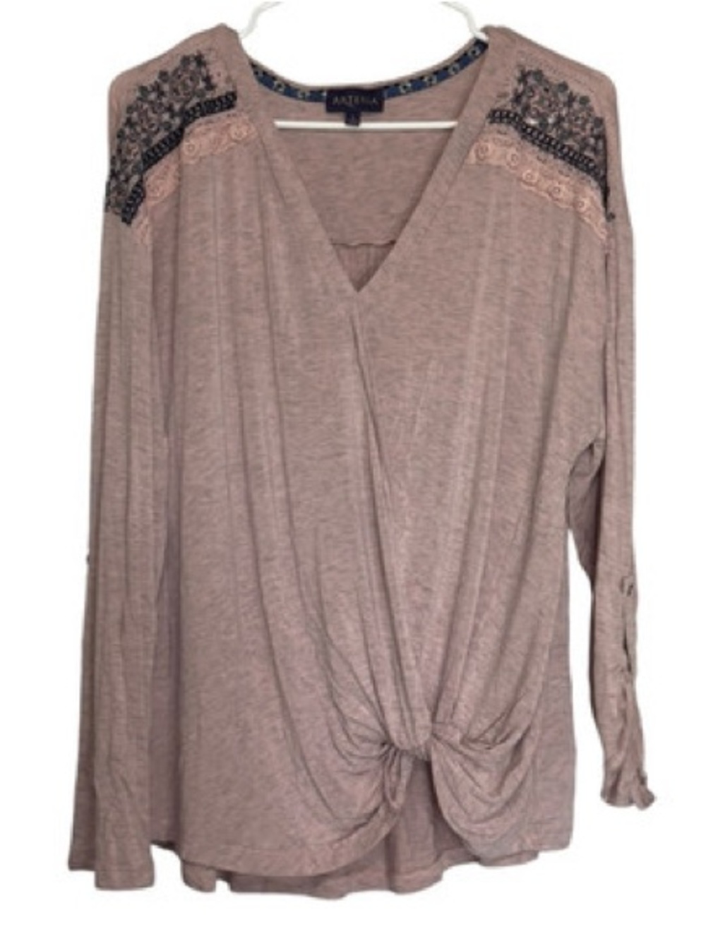 Mauve Twist-Front V-Neck Tunic with Embroidered Shoulder